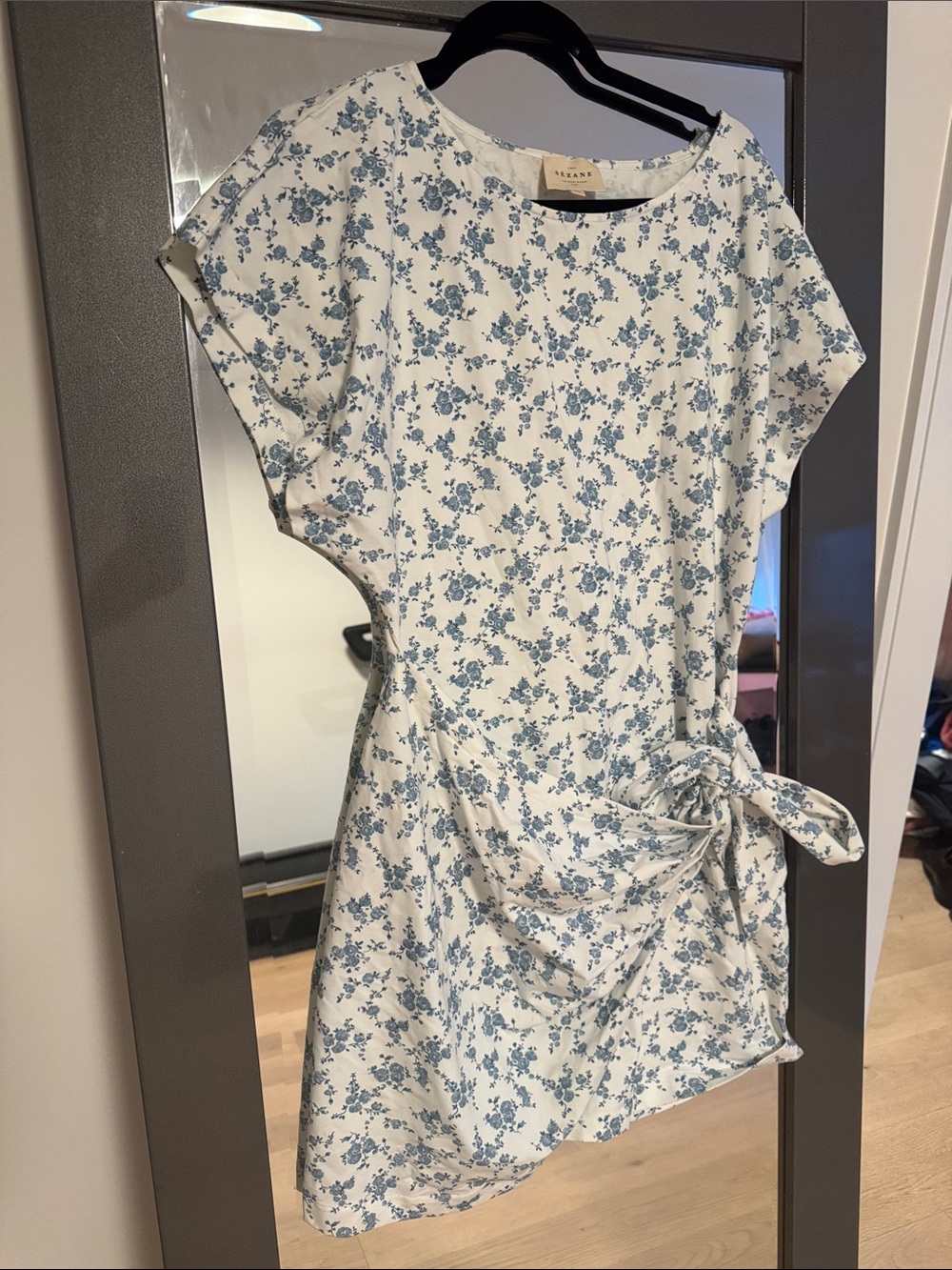 Sezane Sabrina Dress with Blue Floral Print and Side Tie